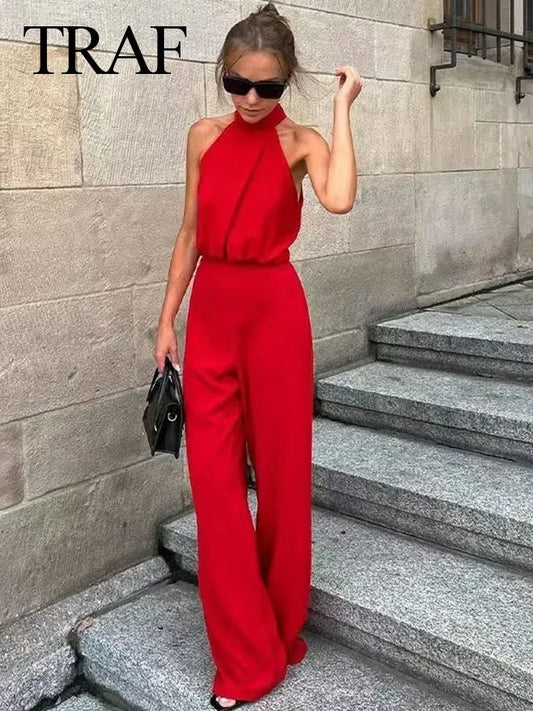 Winona  Casual Red High Waist Wide Leg Jumpsuit